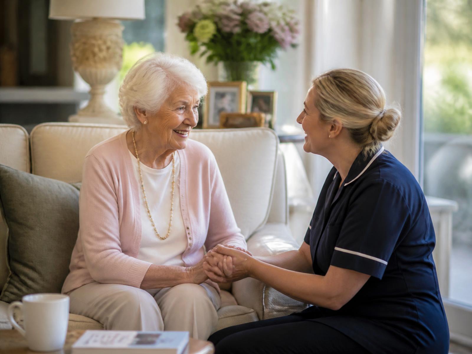 A professional caregiver holding hands and talking warmly with an elderly woman in her sunlit living room